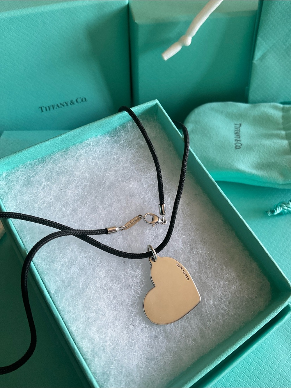 Tiffany & Co. Silver Heart Pendant on Tiffany’s Frank Gehry Black Silk Cord